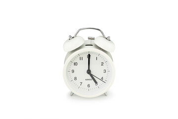 Front side of white retro alarm clock on isolated background.with clipping paths.