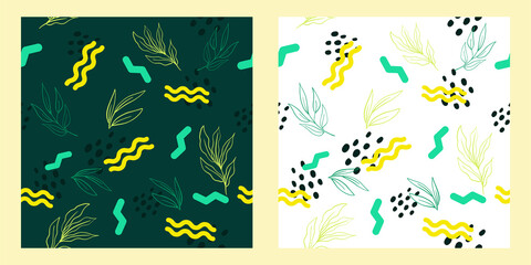 set of abstract vector background. Seamless repeat pattern leaf decoration. Flat style trendy wallpaper.