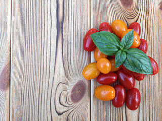 Cherry tomatoes and basil leaves on wooden background. Selective focus. The concept of consumption of local products. Copy space.