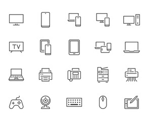 Devices line icons set. Computer, laptop, mobile phone, fax, scanner, smartphone minimal vector illustrations. Simple flat outline sign for web, technology app. Pixel Perfect. Editable Strokes