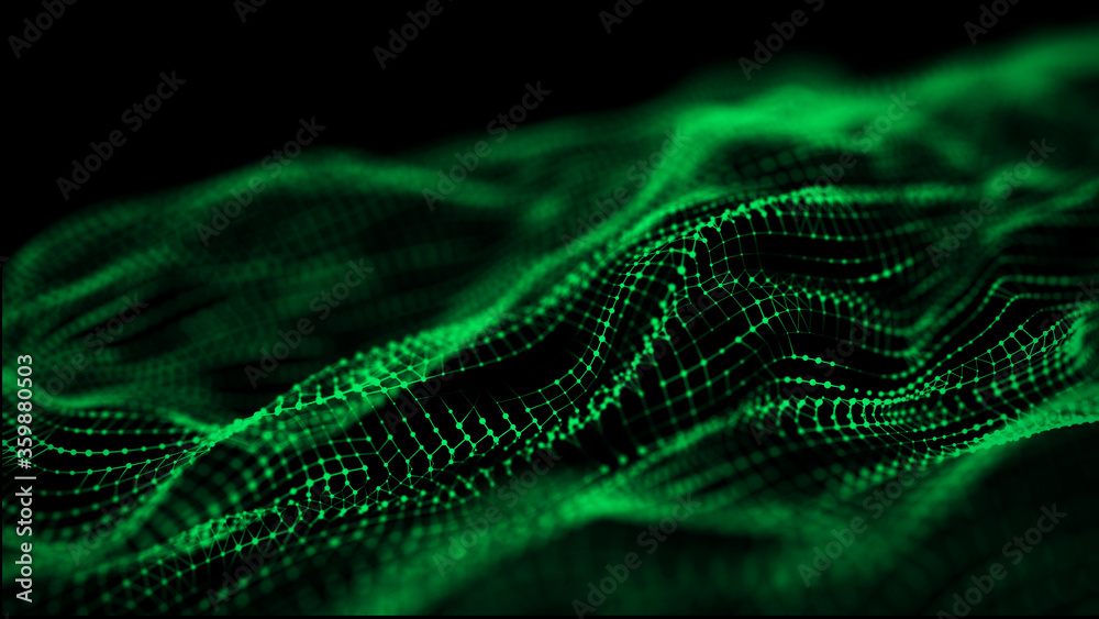 Poster Dynamic particles wave. Green dots on black background. Digital landscape. 3d rendering. Big data visualization 3D. Futuristic backdrop for design, wallpaper.