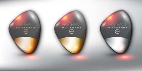 Abstract vector banner set of 3. Black pebble stones with metallic, gold, silver and bronze paint. Isolated on white background. Vector illustration. Eps10.