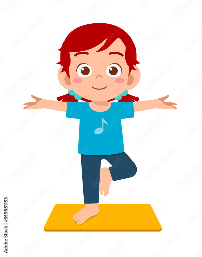 Sticker happy cute little kid boy and girl do yoga pose