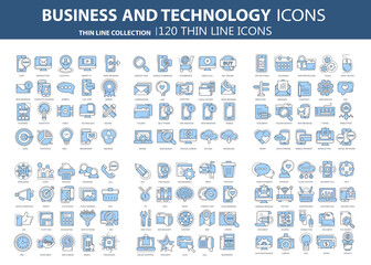 Business and marketing, programming, data management, internet connection, social network, computing, information. Thin line blue icons set. Flat vector illustration