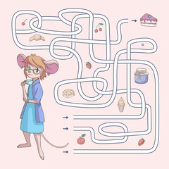Labyrinth. Maze game for kids. Help cute cartoon mouse find path to the cake. Vector illustration.