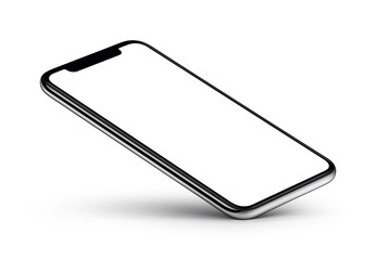 Perspective smartphone mockup on white background. Perspective view smartphone mockup with blank screen rests on one corner with shadow. Use it for mobile game or application UI presentation.