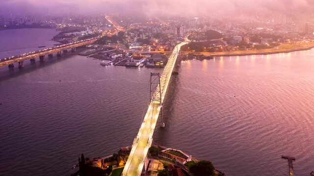 Hercilio Luz bridge at sunset, view from the top, Forianopolis, Santa Catarina, Brazil