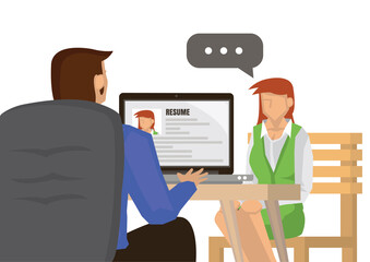 Job interview with boss looking on her resume on his computer. Employee human resources concept.