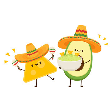 Nacho And Avocado Character. Nacho Dip In Bowl. Nacho Vector. Avocado Dip. Mexican Hat Vector.