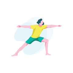 Man demonstrates virabhadrasana 2. Flexible male character practicing yoga asana. Guy stands in a warrior pose, isolated on white background. Healthy lifestyle, home training. Flat vector illustration