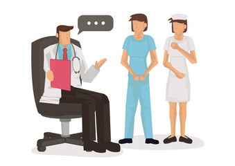 Medic, nurse and doctor talking at hospital. Hospital colleagues teamwork conversation briefing.