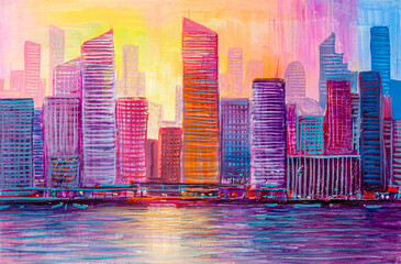 Fototapeta premium Artistic painting of skyscrapers.Abstract style. Cityscape panorama..