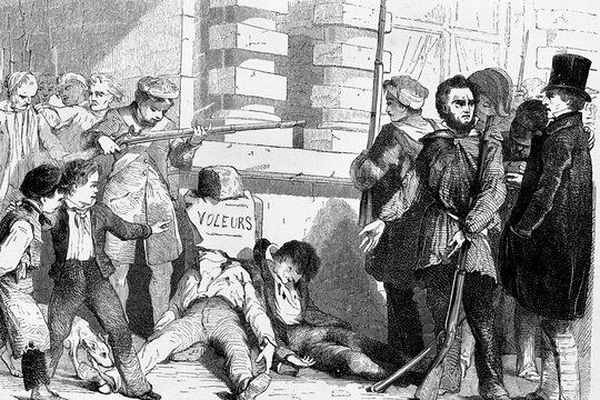 Revolution of 1830. France. Punishment that the people give to thieves.Antique illustration. 1856.
