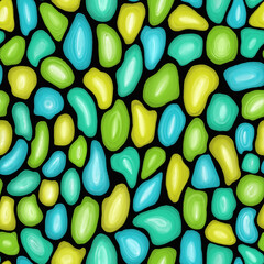 Festive Bright multi-colored seamless pattern. Pencil drawing nacreous green, yellow and blue stones on black background. Sweet candy pattern. Template for design, wrapping, ceramics.