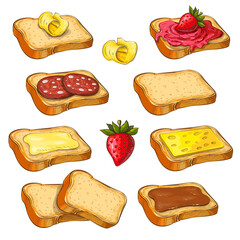 set of different toasts with various topping isolated on white. collection of wheat sandwiches illustration. toasted bread with butter, strawberry jam, cheese, chocolade spread. colored sketch.