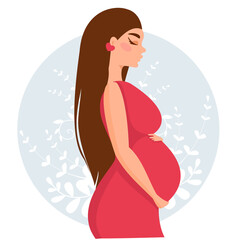 Beautiful pregnant woman. The girl is expecting a baby. Mother's love. Flat vector illustration.