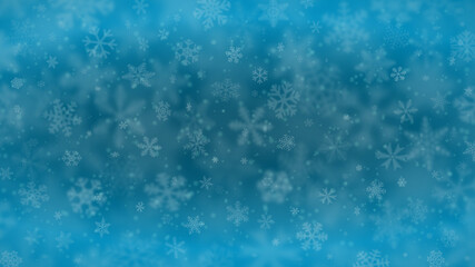Christmas background of snowflakes of different shapes, sizes, blur and transparency in light blue colors