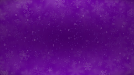 Christmas background of snowflakes of different shapes, sizes, blur and transparency in purple colors