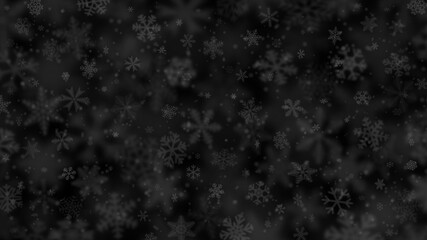 Christmas background of snowflakes of different shapes, sizes, blur and transparency in black colors
