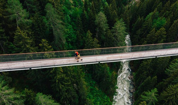Aerial view of rope walkway through treetops in coniferous forest. Bird's eye view of hanging bridge crossing raging mountains river, suspension bridge with walking people traveller