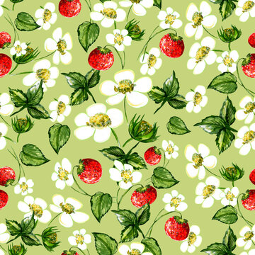 Seamless pattern with the image of strawberries.
Design for wrapping paper, textile, wallpaper.