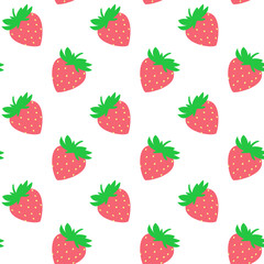 Seamless pattern with red strawberries on white board. Tasty berry, sweet food illustration. Summer theme. Beautiful print for textile, greeting cards, wrapping paper, decor and design. Jpg file
