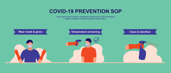 Poster Of Staff Wearing Mask And Glove, Temperature Screening And Disinfect Notice. COVID-19 Coronavirus Outbreak Prevention Concept. Vector Flat Cartoon Illustration. 
