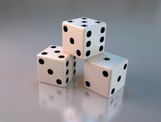 Three white dice on a light background. 3 d illustration. 