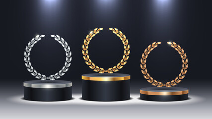 Stage podium with laurel wreath. Golden, silver and bronze stage podium in spot light. Stage podium for award ceremony. Vector illustration. - obrazy, fototapety, plakaty
