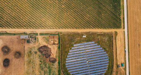 Aerial top view of station with solar batteries in agricultural area near field. Alternative energy production system favorable to nature environment. Innovative biofuels photovoltaic technology