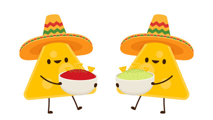 Naklejka premium Nacho in Mexican hat. Nacho dip in bowl. Nacho character design. Avocado and Chilli dip. Sauce cup vector.