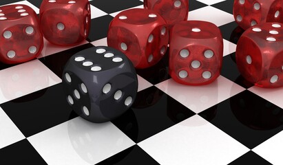Red and black dice on a chessboard background. 3d ilustration. Wallpaper.