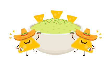 Nacho dip in bowl. Nacho character design. Avocado dip. Sauce cup vector.