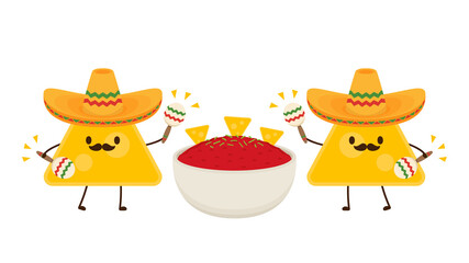 Nacho in Mexican hat. Nacho dip in bowl. Nacho character design. Tomato dip. Sauce cup vector.