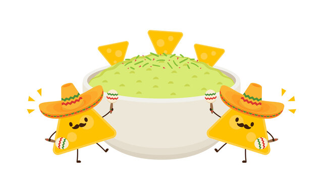 Nacho dip in bowl. Nacho character design. Avocado dip. Sauce cup vector.