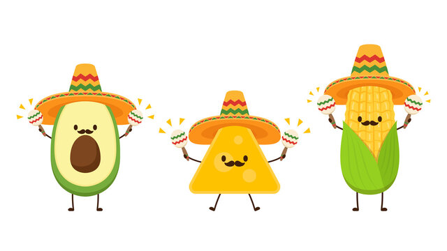 Nacho in Mexican hat. Nacho character design. Avocado and Corn character design. Mexican hat.