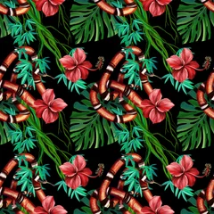  Exotic pattern seamless with king mexican snakes and pink hibiscus flowers, monstera palms on dark background. Hand drawn illustration © Creative_Bird