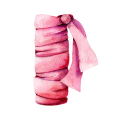 Pink gift ribbon, bow for flowers, bouquets. Hand drawn watercolor illustration isolated on white background. Design template, greeting card, wedding, birthday, cover, clipart, packaging, wrapper.
