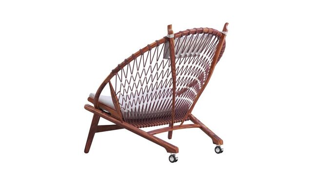 Circular animation of brown round wooden chair with textile seat and wicker back on white background. Textile seat covering and back from rope. Turntable 3d render