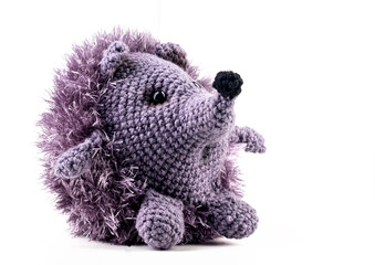 Knitted isolated hedgehog baby toy on a white background. Cute plush toy for children handmade.