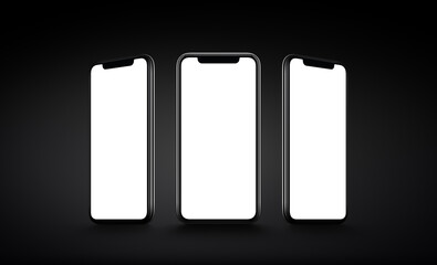 Smartphone multi screen mockup. Several front view smartphones with blank screens on dark background. Smartphone multi screen mockup.