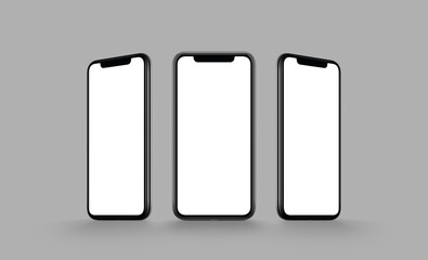 Smartphone multi screen mockup. Several front view smartphones with blank screens on gray background. Smartphone multi screen mockup.