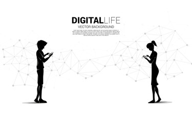 Silhouette of man and woman use mobile phone with futuristic polygon dot connect line background. Concept for remote work from home and technology.