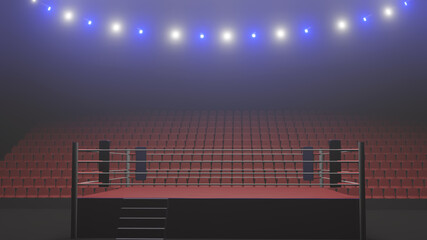 3D boxer arena. Isolated empty boxing ring with light. 3D rendering. Boxing ring with illuminated spotlights. Background