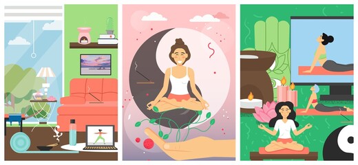 Yoga classes for women, vector poster template set
