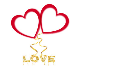 Beautiful abstract red neon glowing shiny balloons of their hearts with gold ribbons for Happy Valentine's Day on a white background with a golden inscription love and copy space. Vector illustration