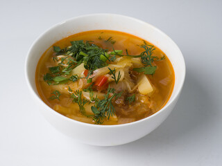 Cabbage soup. Russian traditional soup. Top view