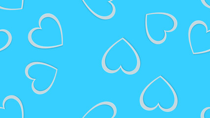 Texture, seamless pattern of white 3d volumetric hearts cut out of paper with a falling shadow to the day of Saint Valentine and copy space on a blue background. Vector illustration