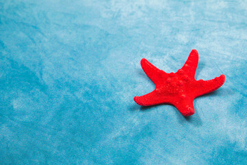 Fototapeta na wymiar Red starfish on a blue background
