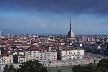 Fototapeta na wymiar Turin landscape Mole antinelliana with smoke